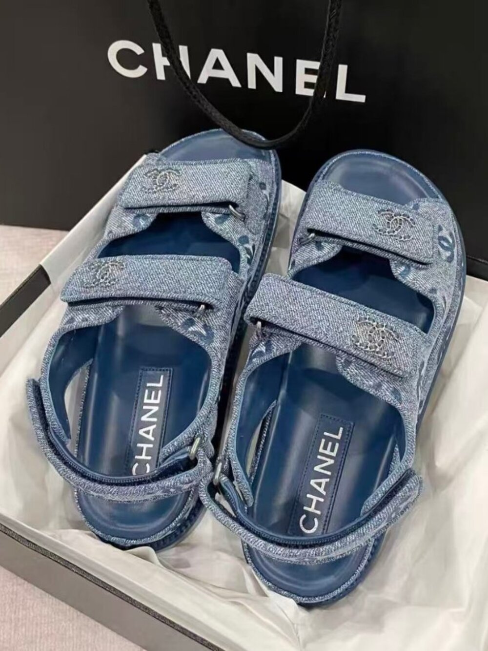 Chanel Blue Jacquard Denim Double‑Strap CC Logo Summer Sandals Size 38